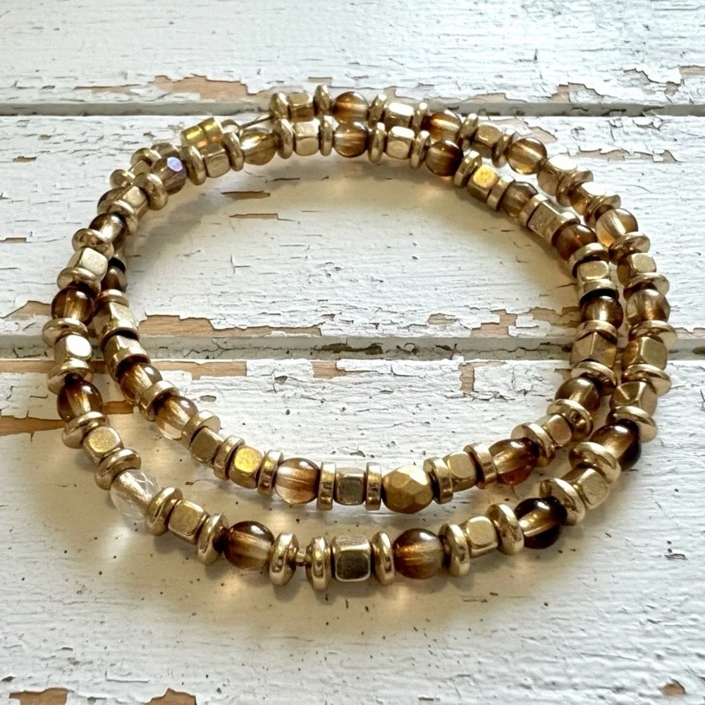 Gold Hematite & Ombre Brown Double Wire Wrap Bracelet with a Gold Filled Clasp - Picture 3 of 3